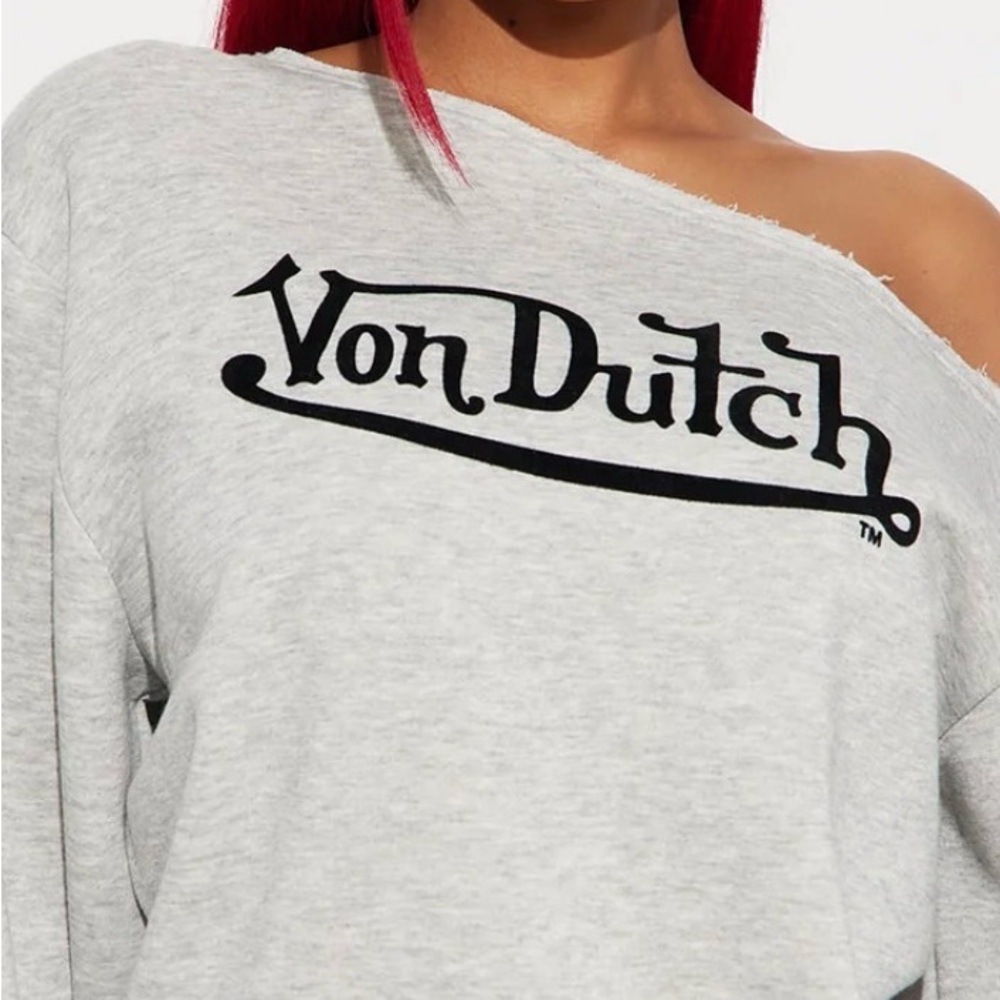 Von Dutch Heather Gray off the shoulder Sweatshirt with Black Logo - Picture 4 of 7
